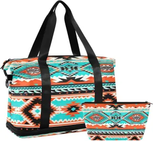 Ethnic Stripe Sports Gym Bag,Travel Duffel bag with Wet Pocket & Shoes Compartment Lightweight Waterproof Overnight Bag for Men Women