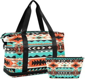 Ethnic Stripe Sports Gym Bag,Travel Duffel bag with Wet Pocket & Shoes Compartment Lightweight Waterproof Overnight Bag for Men Women