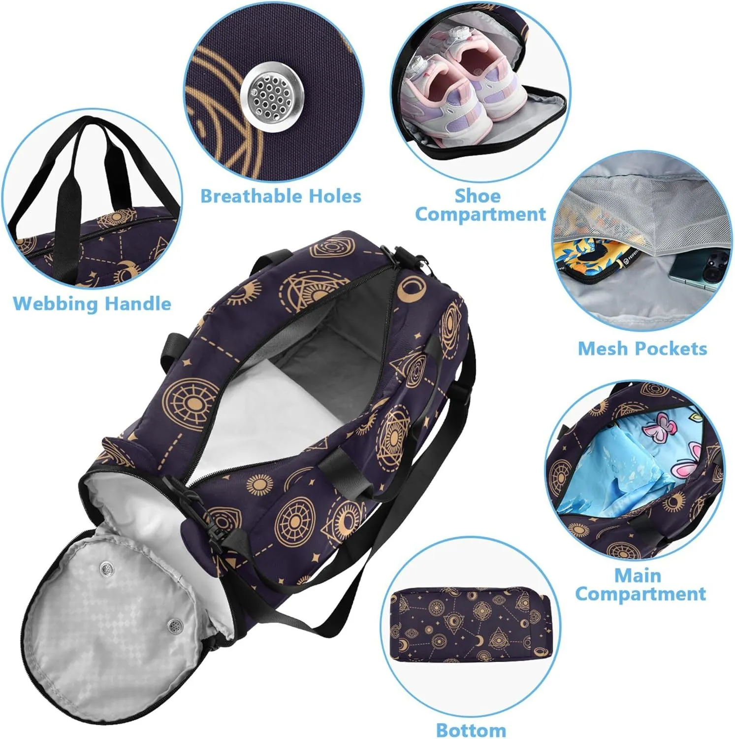 Eye Moon and Sun Small Gym Bag with Shoes Compartment Large Capacity Carry On Bag for Travel, Sports, Duffel, Weekender