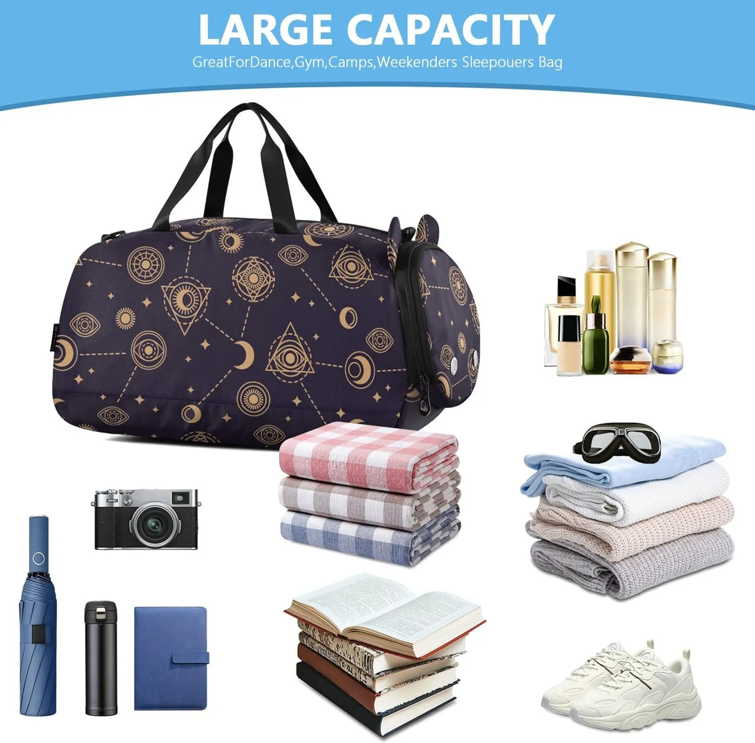 Eye Moon and Sun Small Gym Bag with Shoes Compartment Large Capacity Carry On Bag for Travel, Sports, Duffel, Weekender
