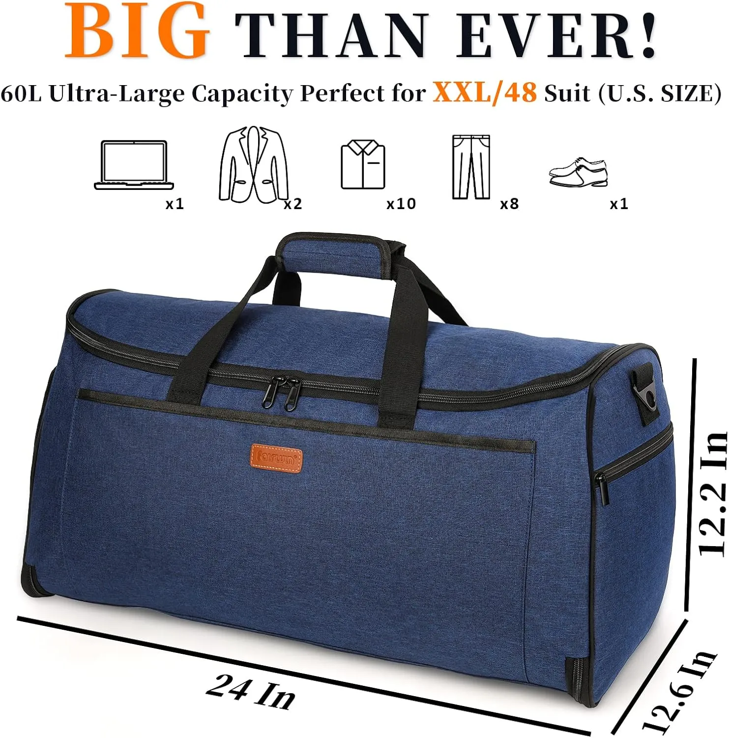 FAIRWIN Garment Bags for Travel, Suit Bag Convertible 2-in-1 Waterproof Hanging Duffle Bag for Men & Women with Shoes Compartment 60L