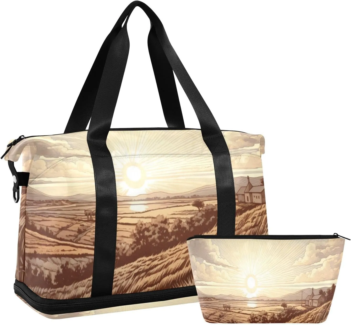 Farm with Sun Gym Bag for Men Women with Shoes Compartment & Wet Pocket Sport Travel Duffel Bag Waterproof Weekender Overnight Bag