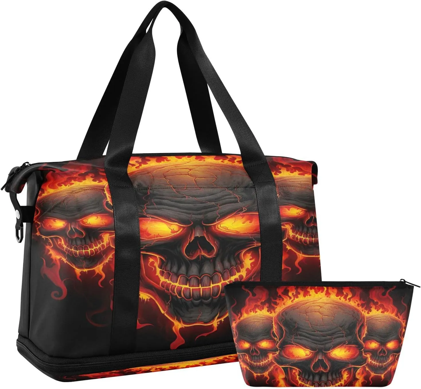 Fire Skulls Sports Gym Bag,Travel Duffel bag with Wet Pocket & Shoes Compartment Lightweight Waterproof Overnight Bag for Men Women