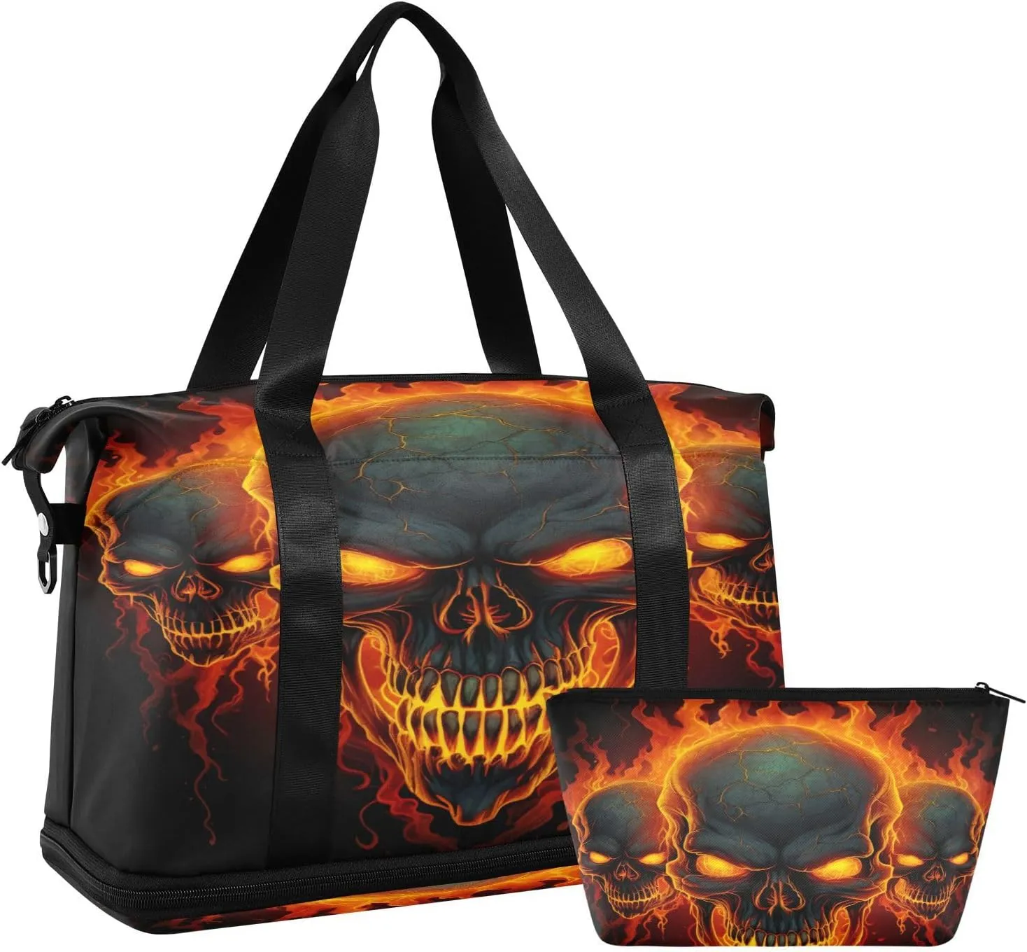 Fire Skulls Sports Gym Bag,Travel Duffel bag with Wet Pocket & Shoes Compartment Lightweight Waterproof Overnight Bag for Men Women