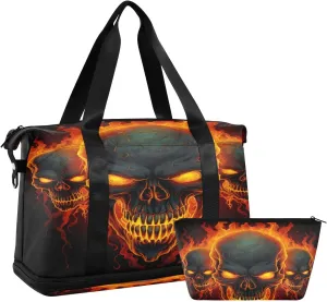 Fire Skulls Sports Gym Bag,Travel Duffel bag with Wet Pocket & Shoes Compartment Lightweight Waterproof Overnight Bag for Men Women