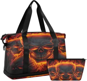 Flames Skulls Sports Gym Bag,Travel Duffel bag with Wet Pocket & Shoes Compartment Lightweight Waterproof Overnight Bag for Men Women