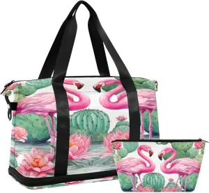 Flamingo and Cactus Gym Bag for Men Women with Shoes Compartment & Wet Pocket Sport Travel Duffel Bag Waterproof Weekender Overnight Bag