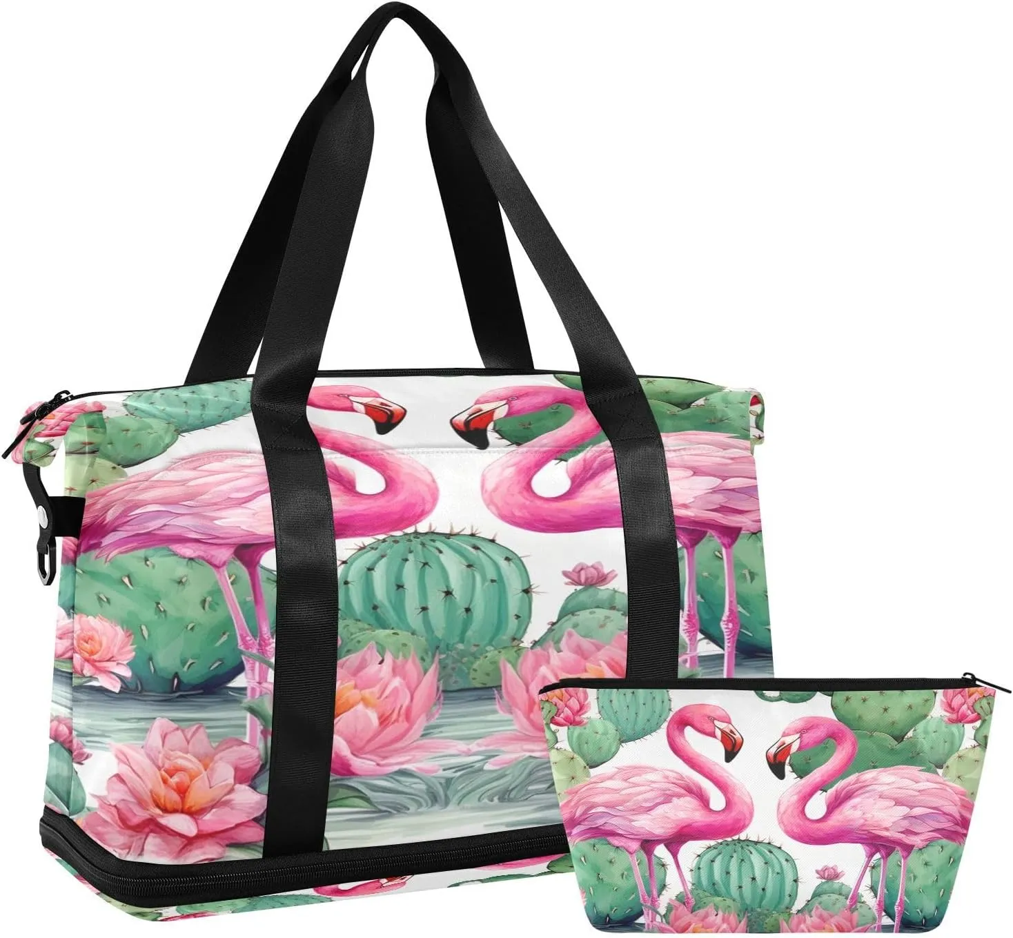 Flamingo and Cactus Gym Bag for Men Women with Shoes Compartment & Wet Pocket Sport Travel Duffel Bag Waterproof Weekender Overnight Bag