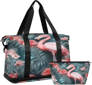 Flamingos and Flowers Gym Bag for Men Women with Shoes Compartment & Wet Pocket Sport Travel Duffel Bag Waterproof Weekender Overnight Bag