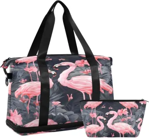 Flamingos and Leaves Gym Bag for Men Women with Shoes Compartment & Wet Pocket Sport Travel Duffel Bag Waterproof Weekender Overnight Bag