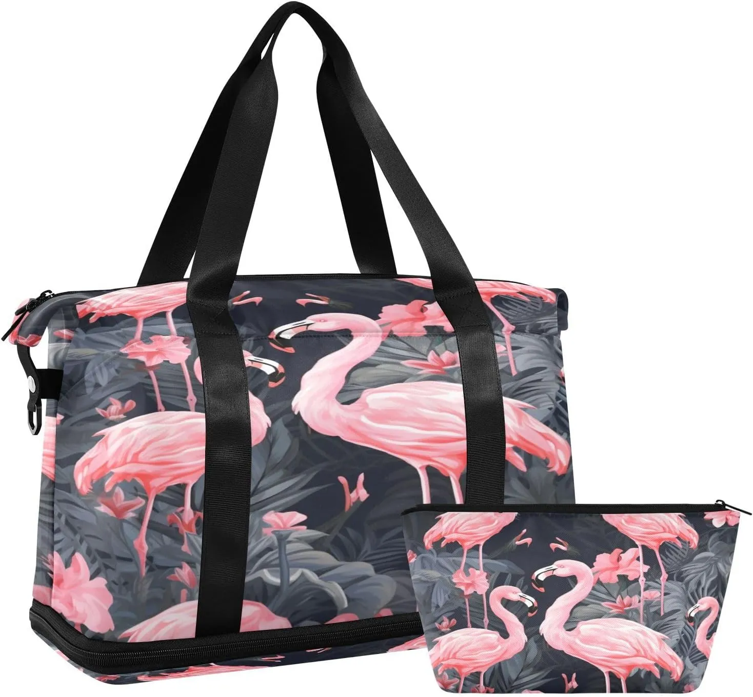 Flamingos and Leaves Gym Bag for Men Women with Shoes Compartment & Wet Pocket Sport Travel Duffel Bag Waterproof Weekender Overnight Bag