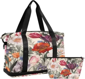 Floral Pattern Sports Gym Bag,Travel Duffel bag with Wet Pocket & Shoes Compartment Lightweight Waterproof Overnight Bag for Men Women