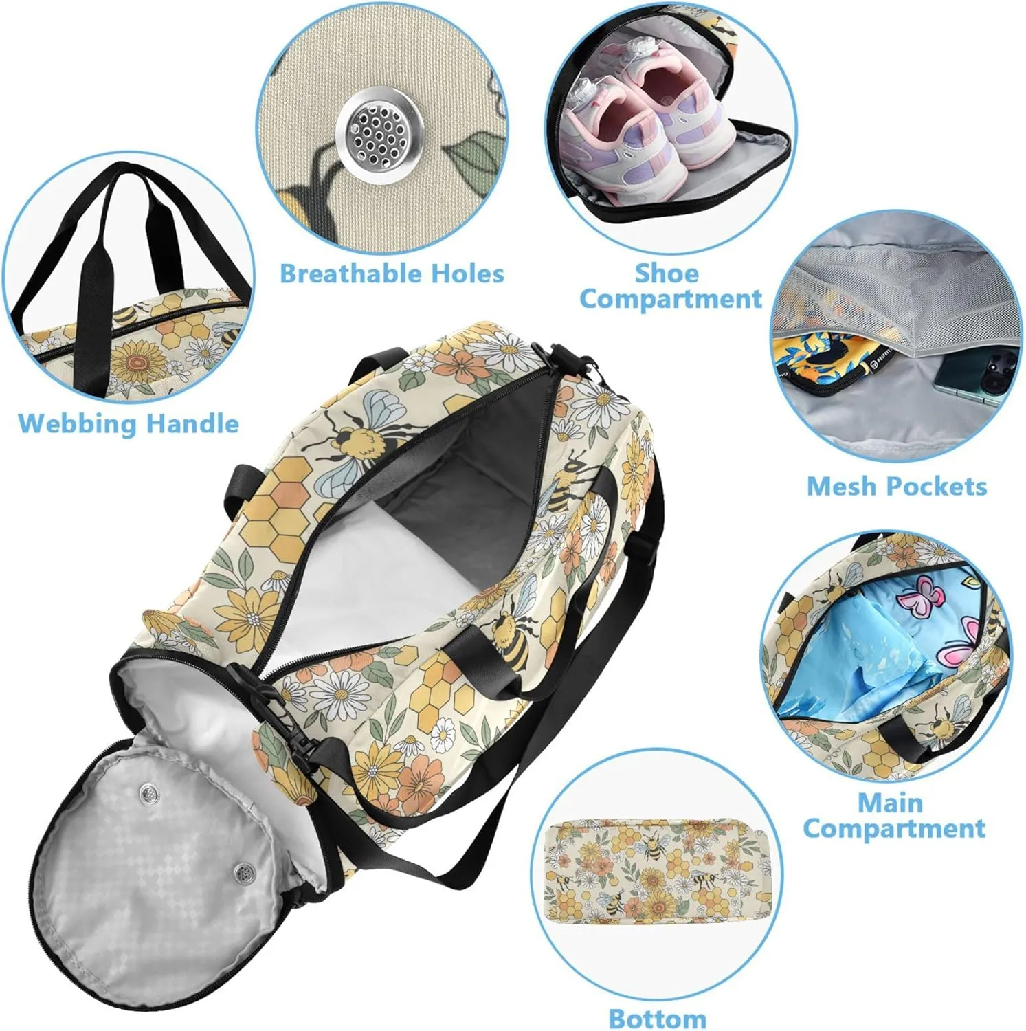 Flower Bee Honeycomb Kids Duffel Bag with Shoes Compartment Large Capacity Weekend Travel Bag for Beach Swim Bags Pool Sports