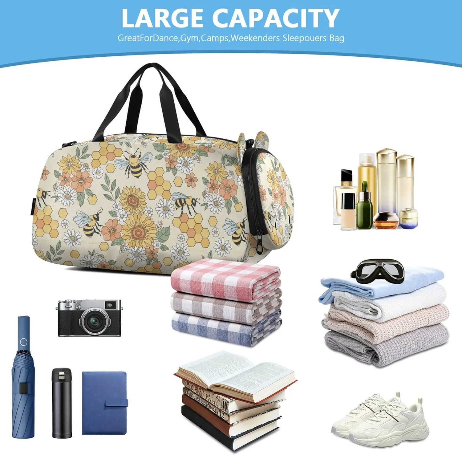 Flower Bee Honeycomb Kids Duffel Bag with Shoes Compartment Large Capacity Weekend Travel Bag for Beach Swim Bags Pool Sports