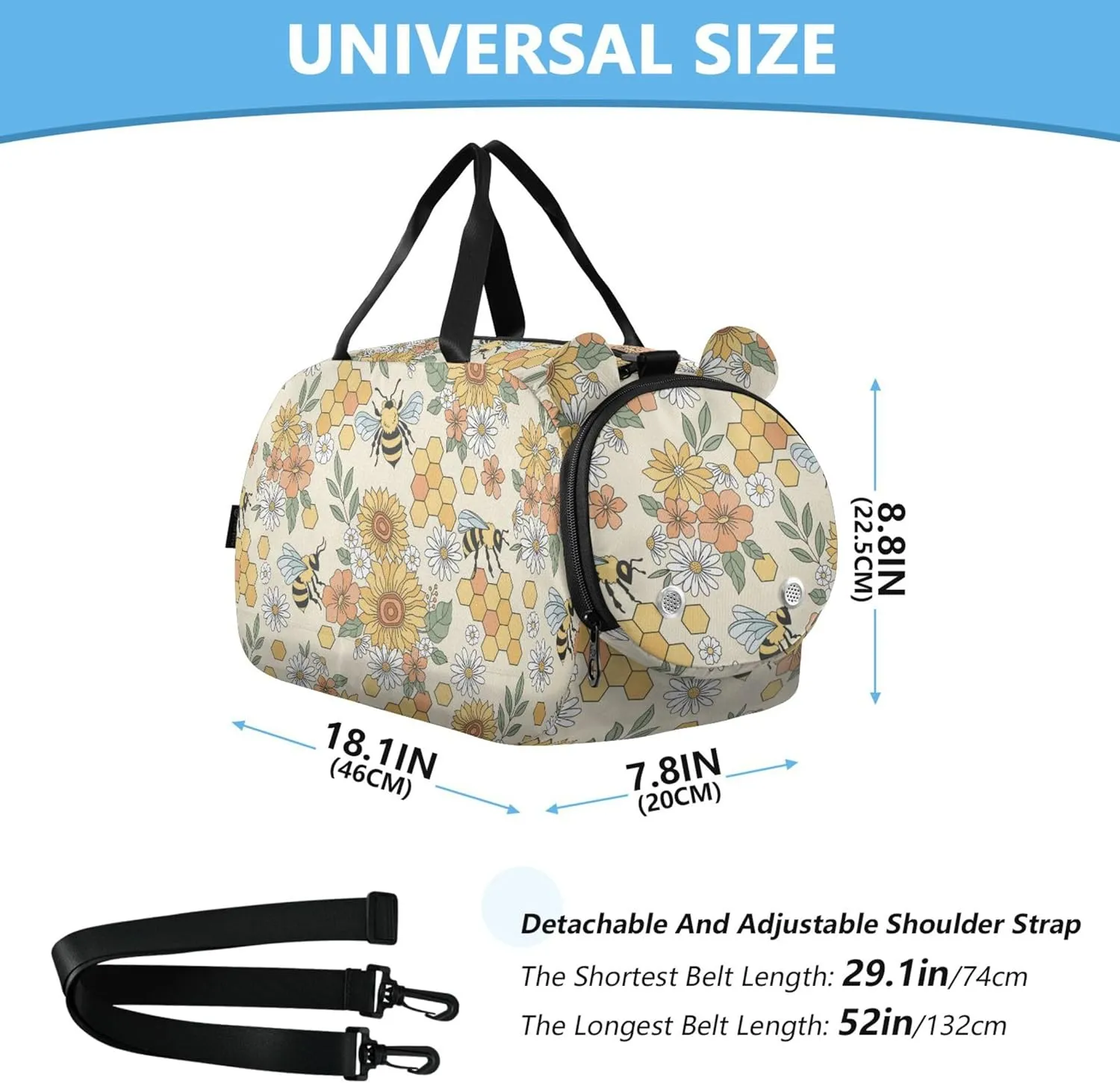 Flower Bee Honeycomb Kids Duffel Bag with Shoes Compartment Large Capacity Weekend Travel Bag for Beach Swim Bags Pool Sports