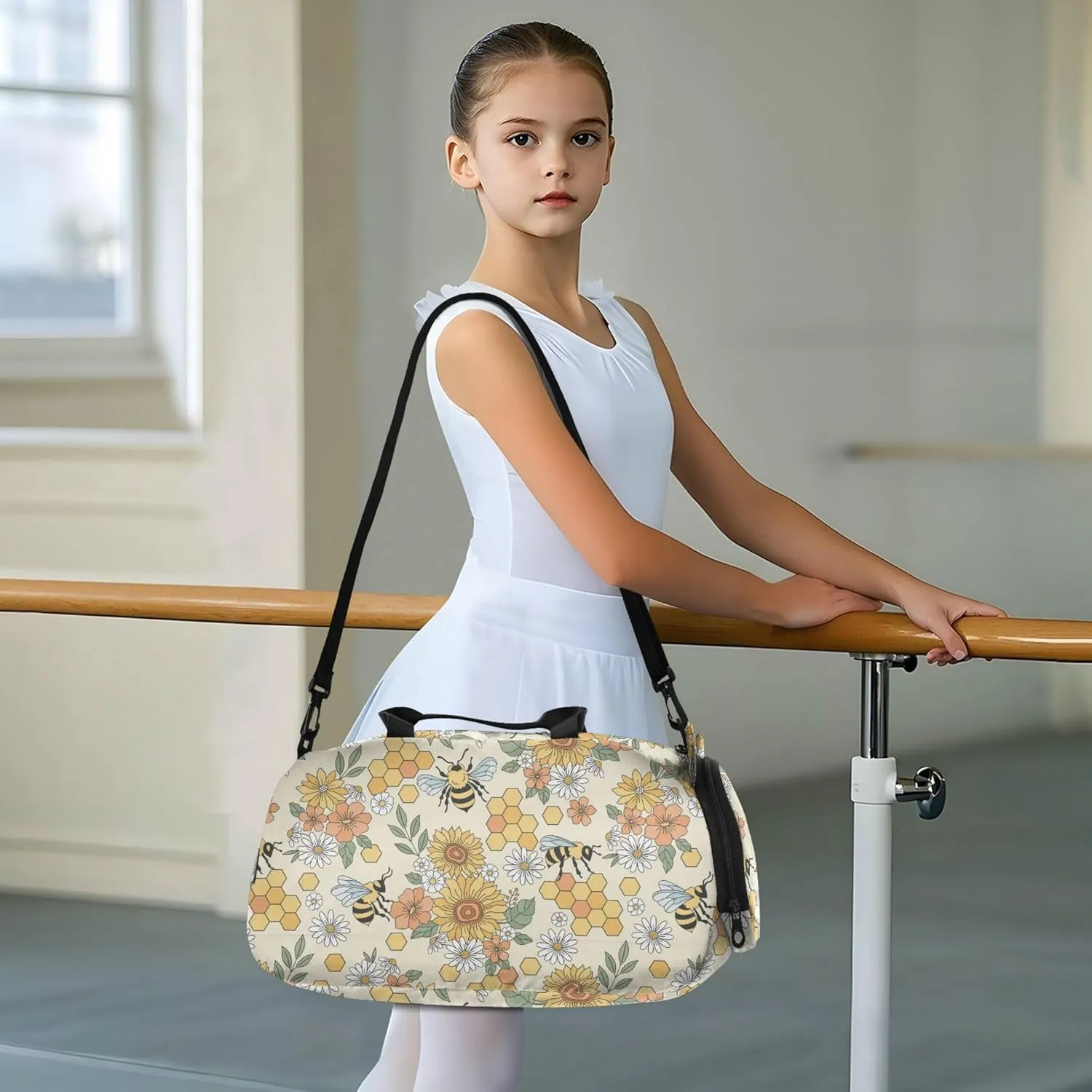 Flower Bee Honeycomb Kids Duffel Bag with Shoes Compartment Large Capacity Weekend Travel Bag for Beach Swim Bags Pool Sports