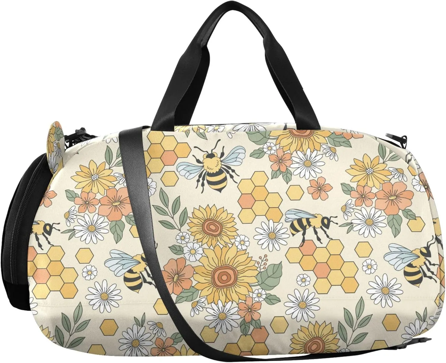 Flower Bee Honeycomb Kids Duffel Bag with Shoes Compartment Large Capacity Weekend Travel Bag for Beach Swim Bags Pool Sports