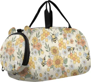 Flower Bee Honeycomb Kids Duffel Bag with Shoes Compartment Large Capacity Weekend Travel Bag for Beach Swim Bags Pool Sports
