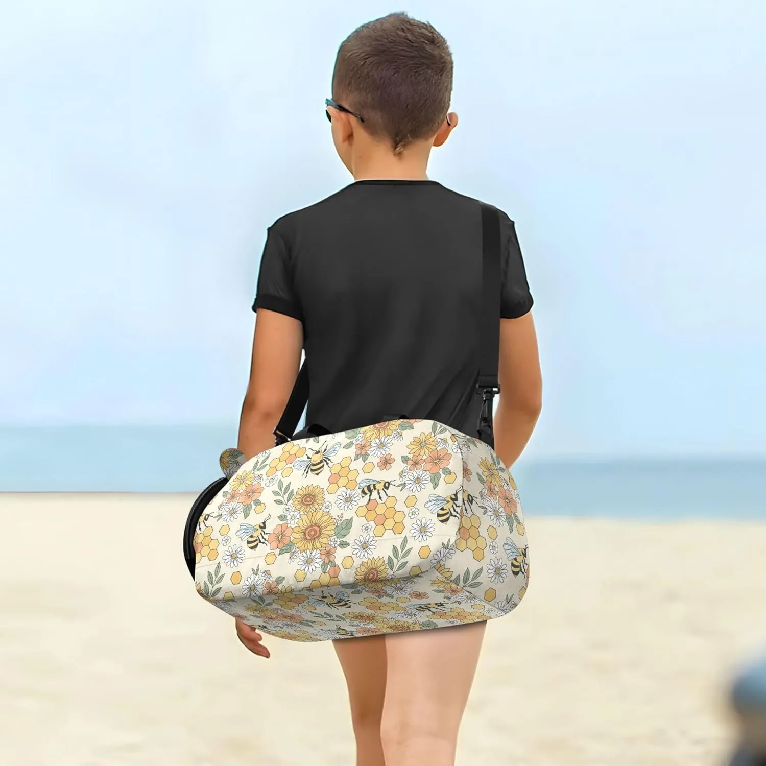 Flower Bee Honeycomb Kids Duffel Bag with Shoes Compartment Large Capacity Weekend Travel Bag for Beach Swim Bags Pool Sports