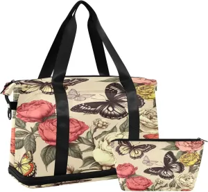 Flowers Butterflies Sports Gym Bag,Travel Duffel bag with Wet Pocket & Shoes Compartment Lightweight Waterproof Overnight Bag for Men Women