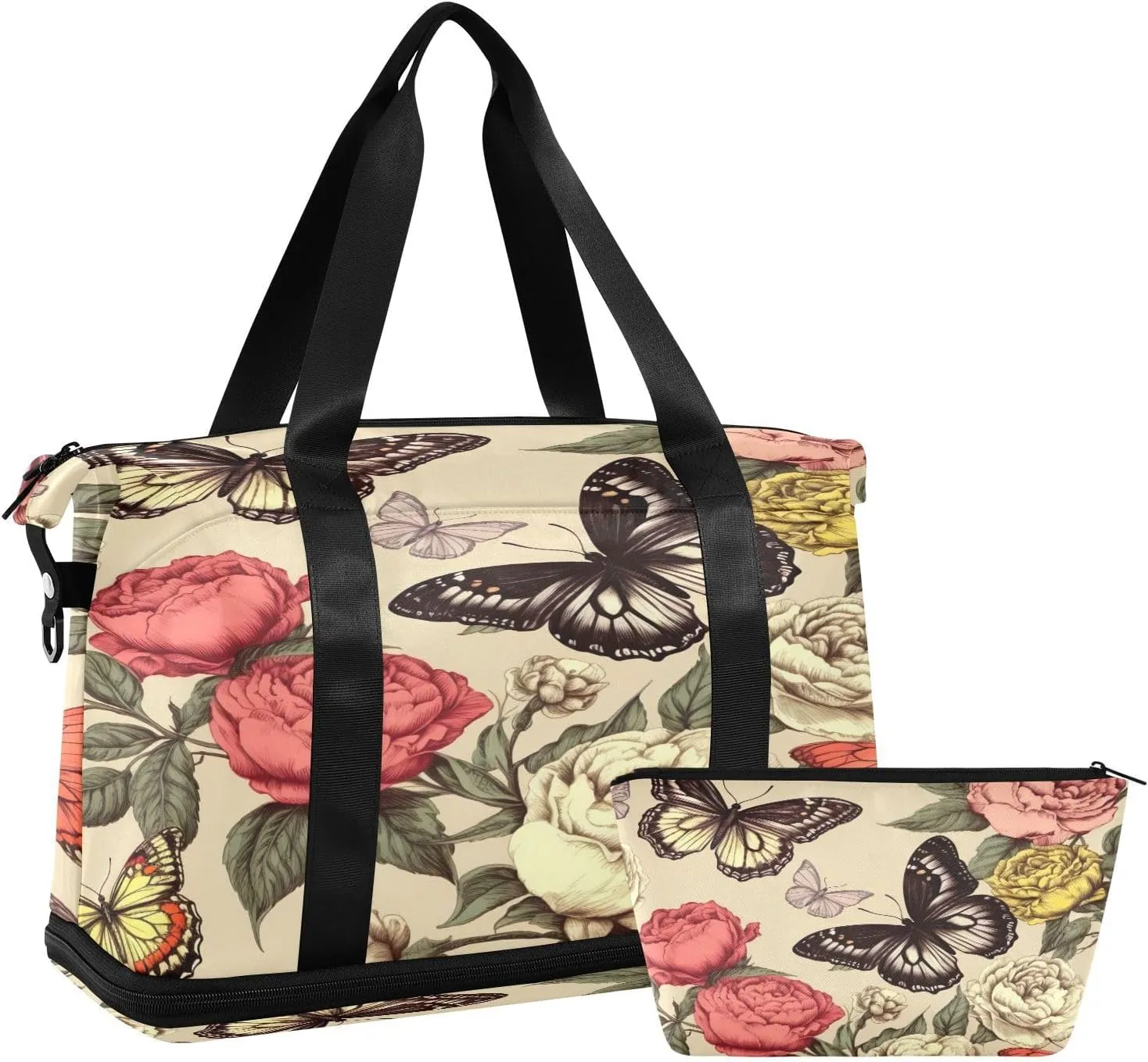 Flowers Butterflies Sports Gym Bag,Travel Duffel bag with Wet Pocket & Shoes Compartment Lightweight Waterproof Overnight Bag for Men Women