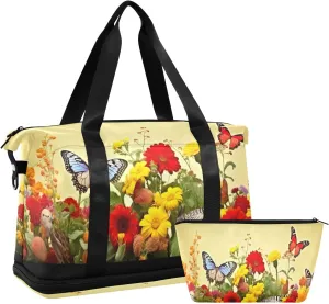 Flowers Butterfly Sports Gym Bag,Travel Duffel bag with Wet Pocket & Shoes Compartment Lightweight Waterproof Overnight Bag for Men Women