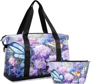 Flowers Butterfly Sports Gym Bag,Travel Duffel bag with Wet Pocket & Shoes Compartment Lightweight Waterproof Overnight Bag for Men Women