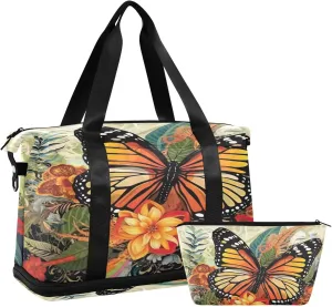 Flowers Butterfly Sports Gym Bag,Travel Duffel bag with Wet Pocket & Shoes Compartment Lightweight Waterproof Overnight Bag for Men Women