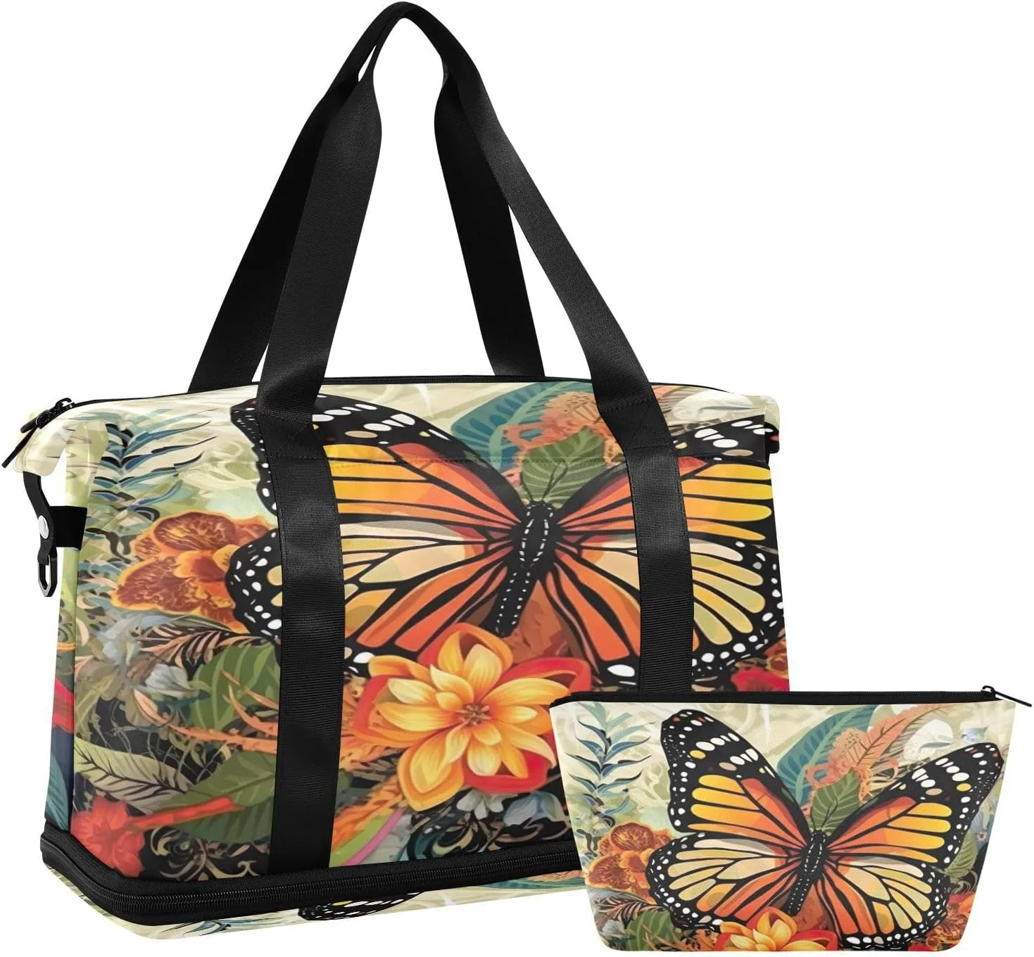 Flowers Butterfly Sports Gym Bag,Travel Duffel bag with Wet Pocket & Shoes Compartment Lightweight Waterproof Overnight Bag for Men Women