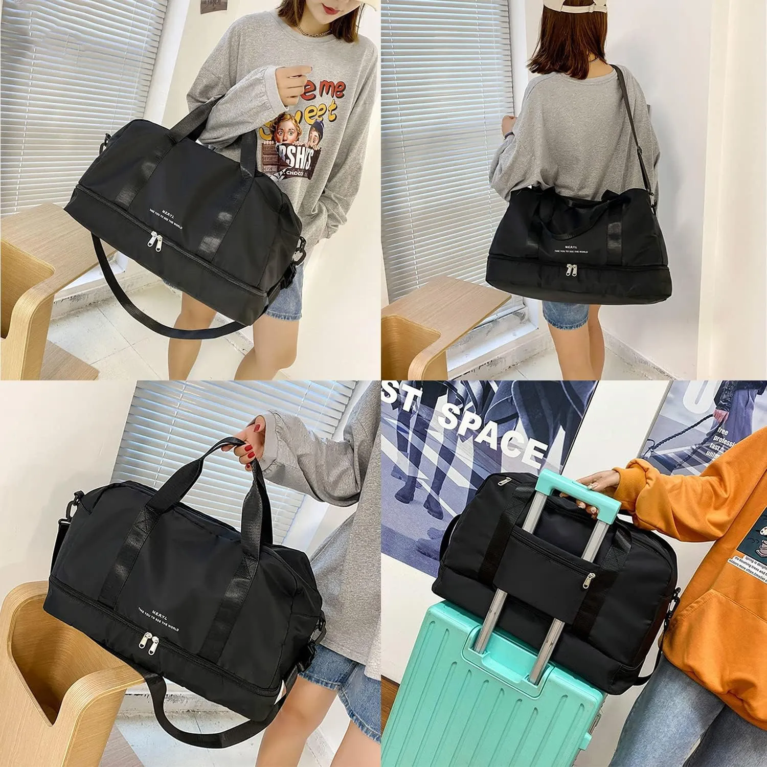 FOAN & MABLE Sports Tote Gym Bag Shoulder Weekender Overnight Bag for Women Travel Duffle Bag for Women Weekender Overnight Bag Large Capacity Duffel Bag With Shoe Compartment, A-Black