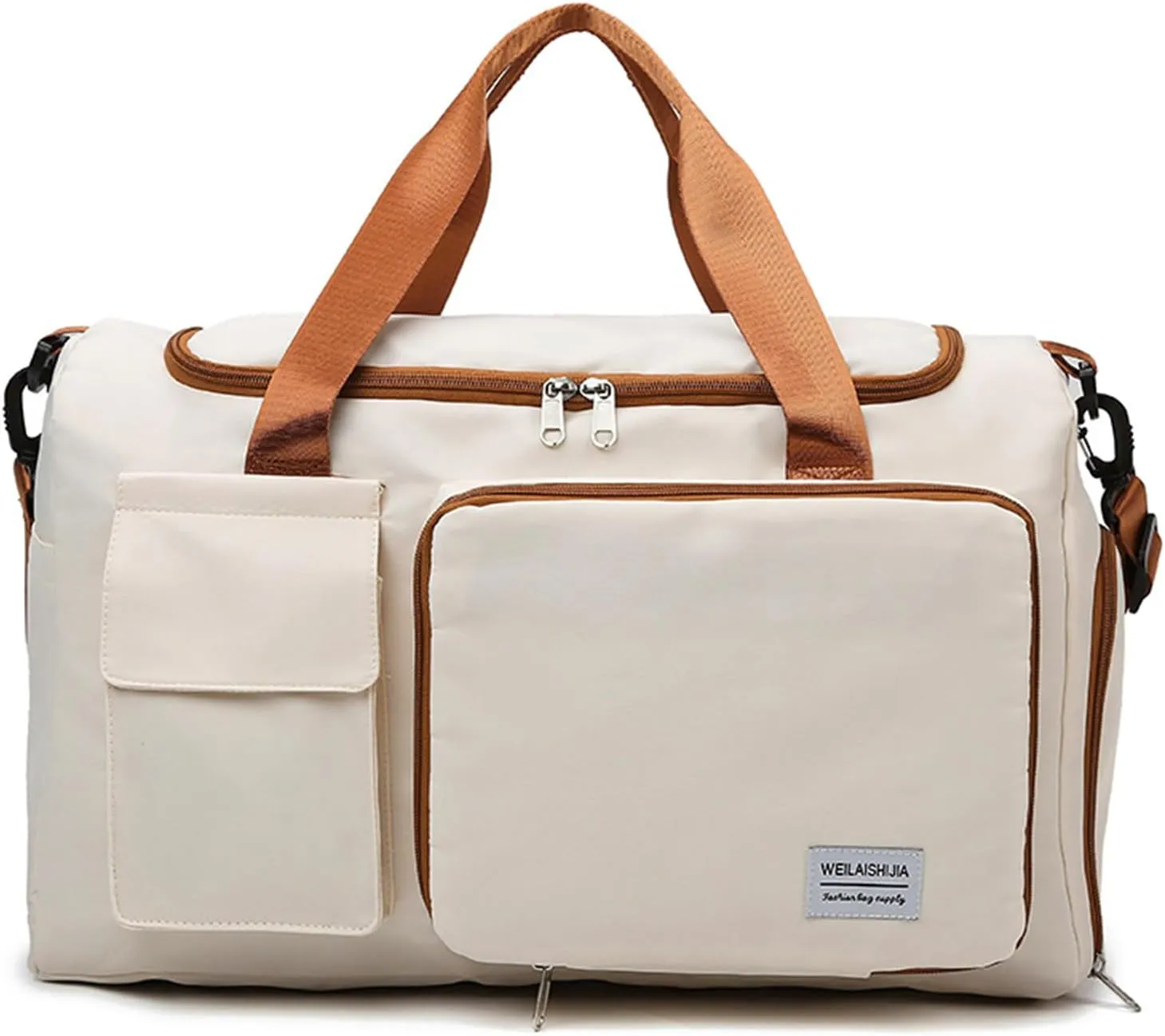 Foldable Travel Carry On Duffel Bags for Women Weekender Overnight Bag with Shoes Compartment Waterproof Gym Bag (White and brown), CM240524