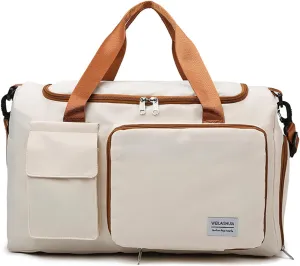 Foldable Travel Carry On Duffel Bags for Women Weekender Overnight Bag with Shoes Compartment Waterproof Gym Bag (White and brown), CM240524