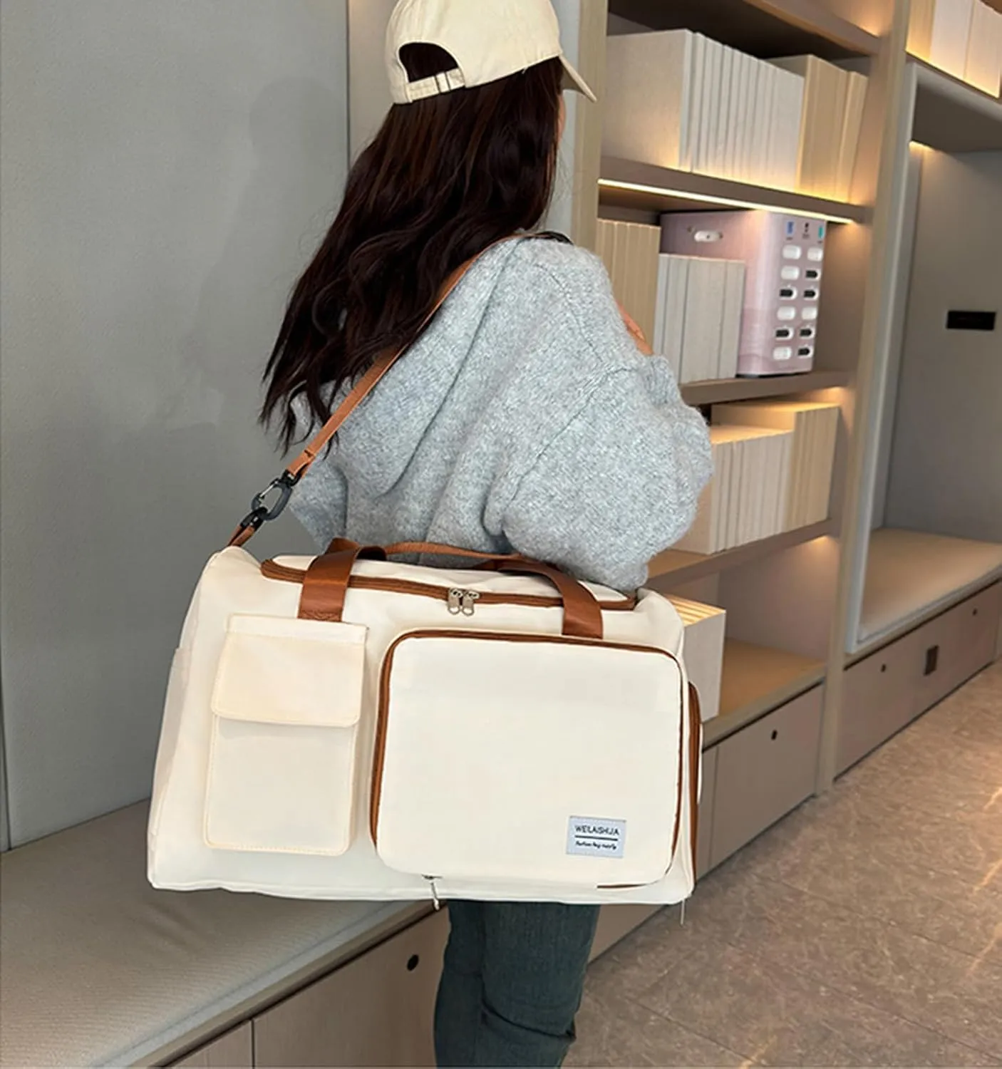 Foldable Travel Carry On Duffel Bags for Women Weekender Overnight Bag with Shoes Compartment Waterproof Gym Bag (White and brown), CM240524
