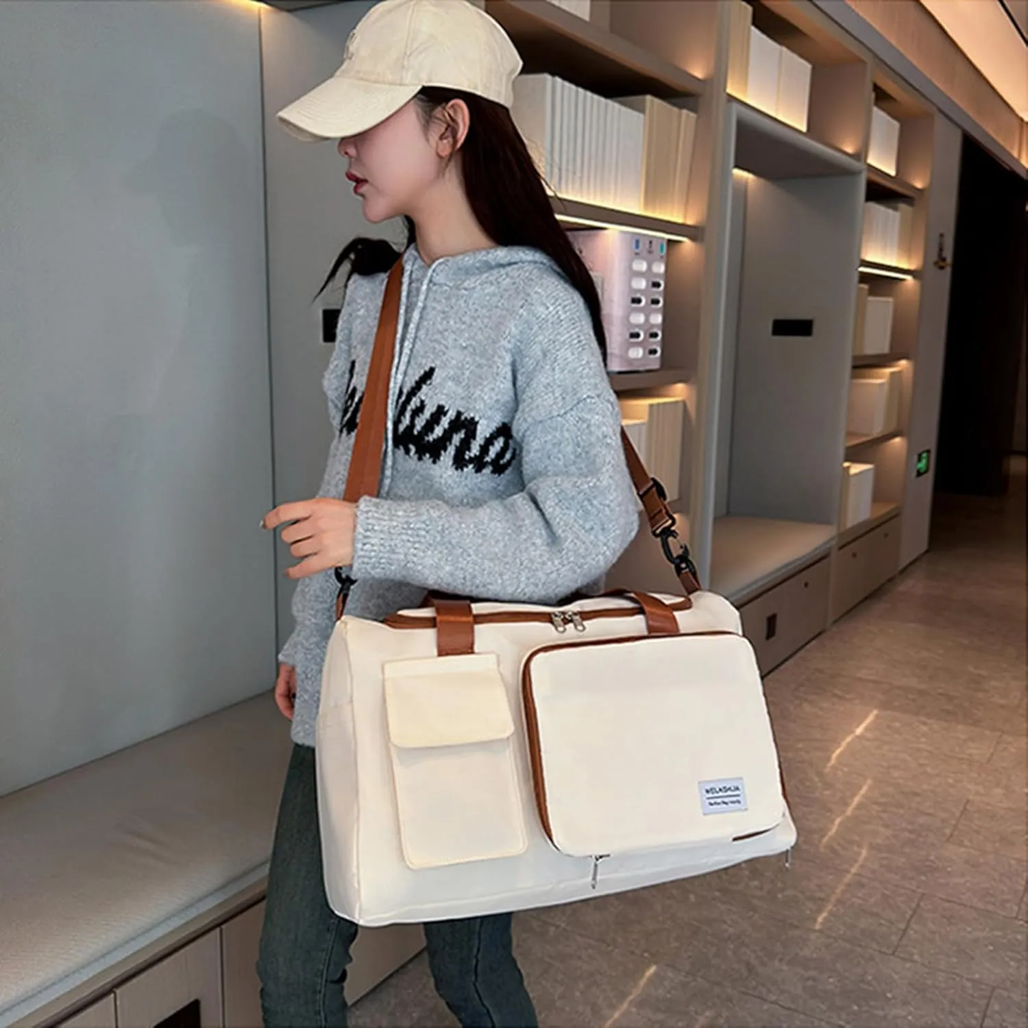 Foldable Travel Carry On Duffel Bags for Women Weekender Overnight Bag with Shoes Compartment Waterproof Gym Bag (White and brown), CM240524
