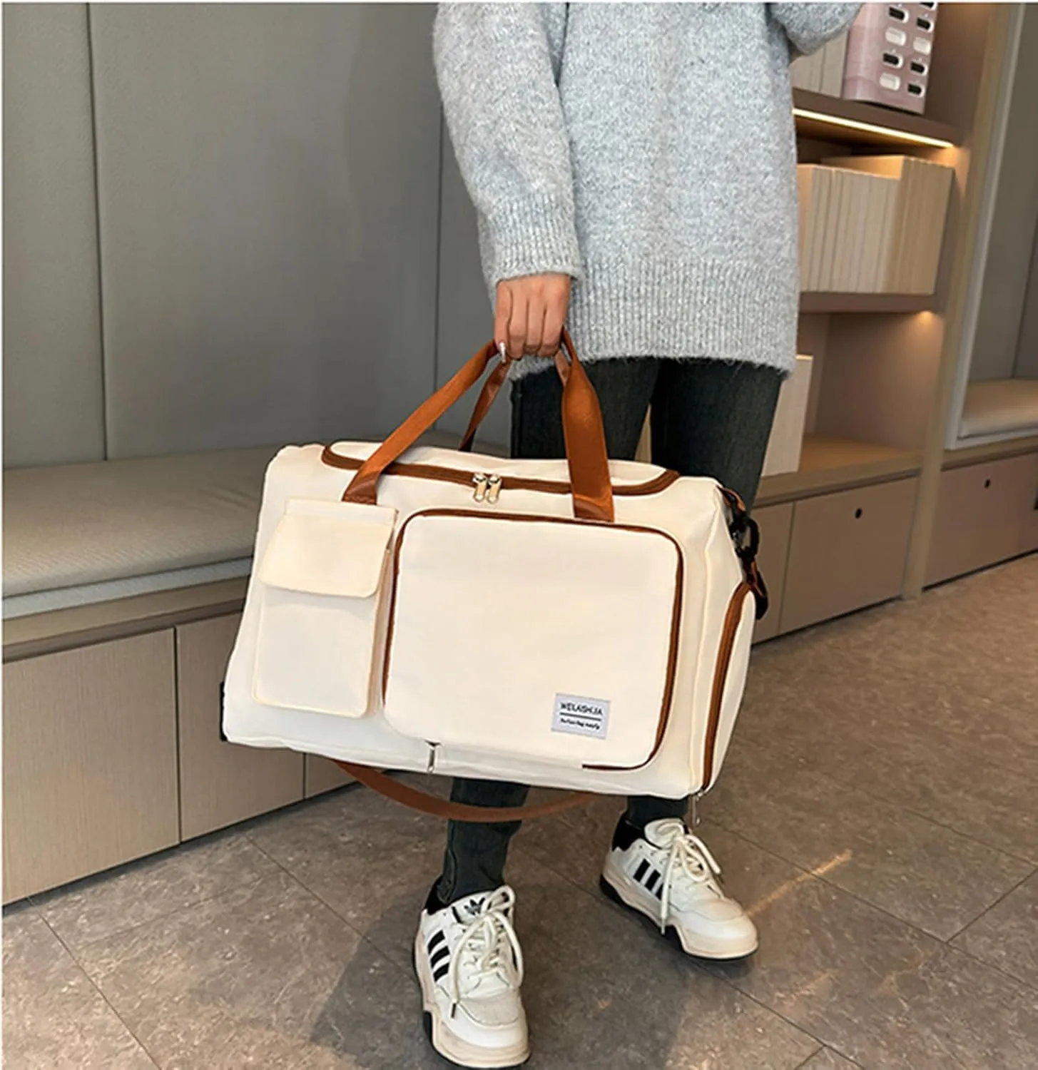 Foldable Travel Carry On Duffel Bags for Women Weekender Overnight Bag with Shoes Compartment Waterproof Gym Bag (White and brown), CM240524