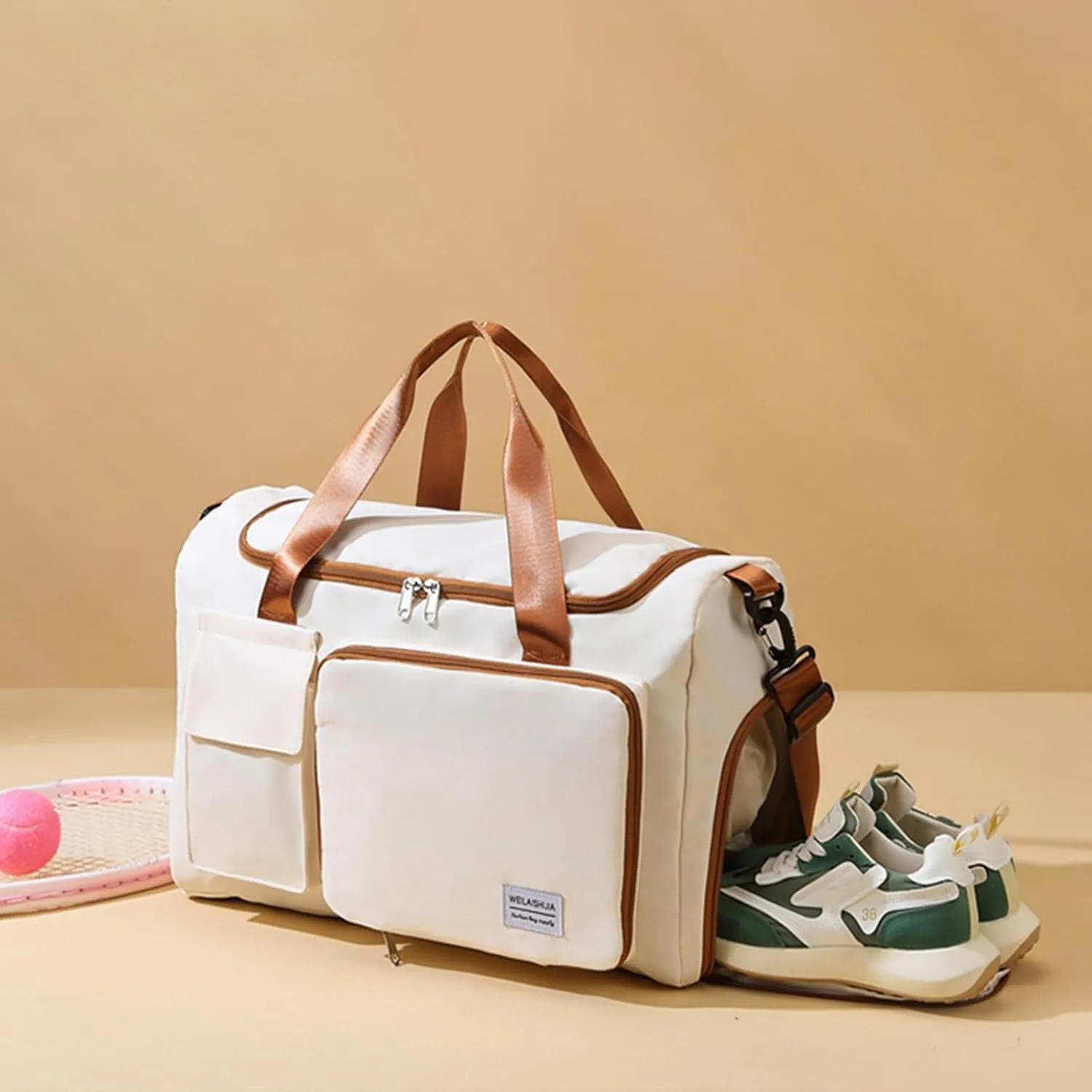 Foldable Travel Carry On Duffel Bags for Women Weekender Overnight Bag with Shoes Compartment Waterproof Gym Bag (White and brown), CM240524