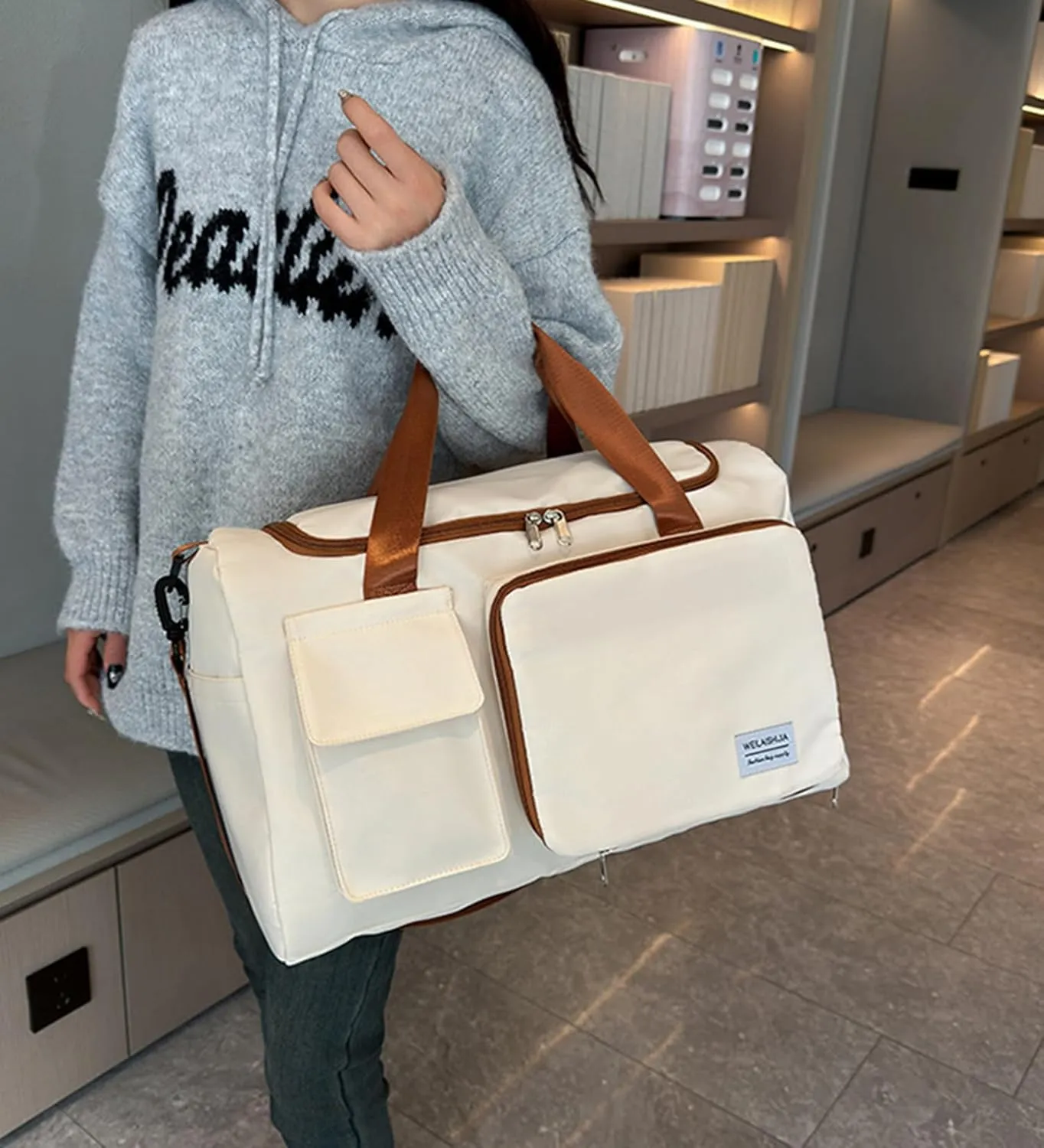 Foldable Travel Carry On Duffel Bags for Women Weekender Overnight Bag with Shoes Compartment Waterproof Gym Bag (White and brown), CM240524