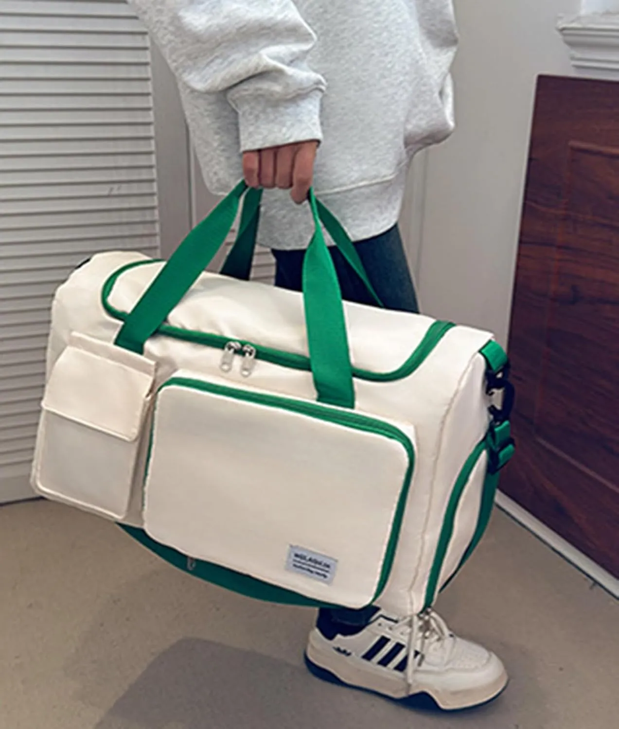 Foldable Travel Carry On Duffel Bags for Women Weekender Overnight Bag with Shoes Compartment Waterproof Gym Bag (White and dark green)
