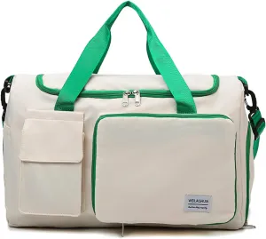 Foldable Travel Carry On Duffel Bags for Women Weekender Overnight Bag with Shoes Compartment Waterproof Gym Bag (White and dark green)