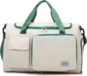 Foldable Travel Carry On Duffel Bags for Women Weekender Overnight Bag with Shoes Compartment Waterproof Gym Bag (White and green), CM240524