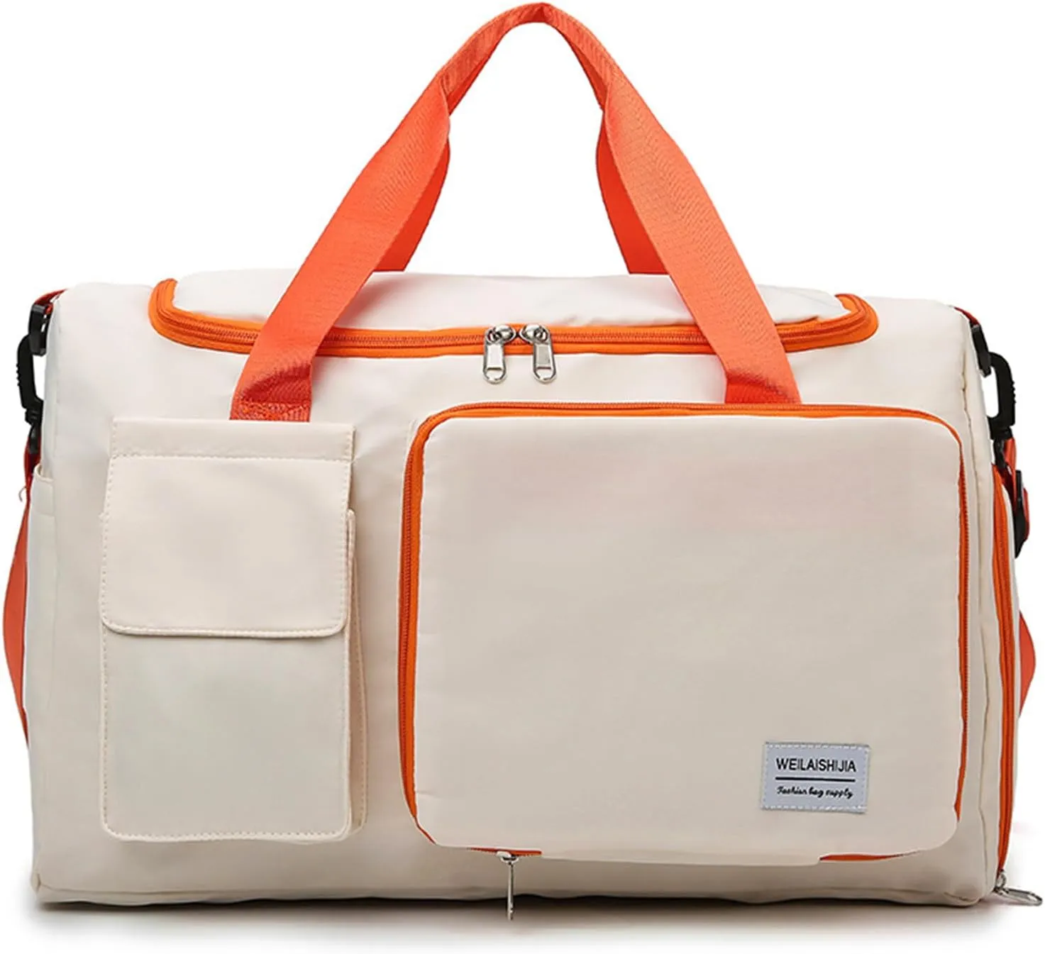Foldable Travel Carry On Duffel Bags for Women Weekender Overnight Bag with Shoes Compartment Waterproof Gym Bag (White and orange), CM240524