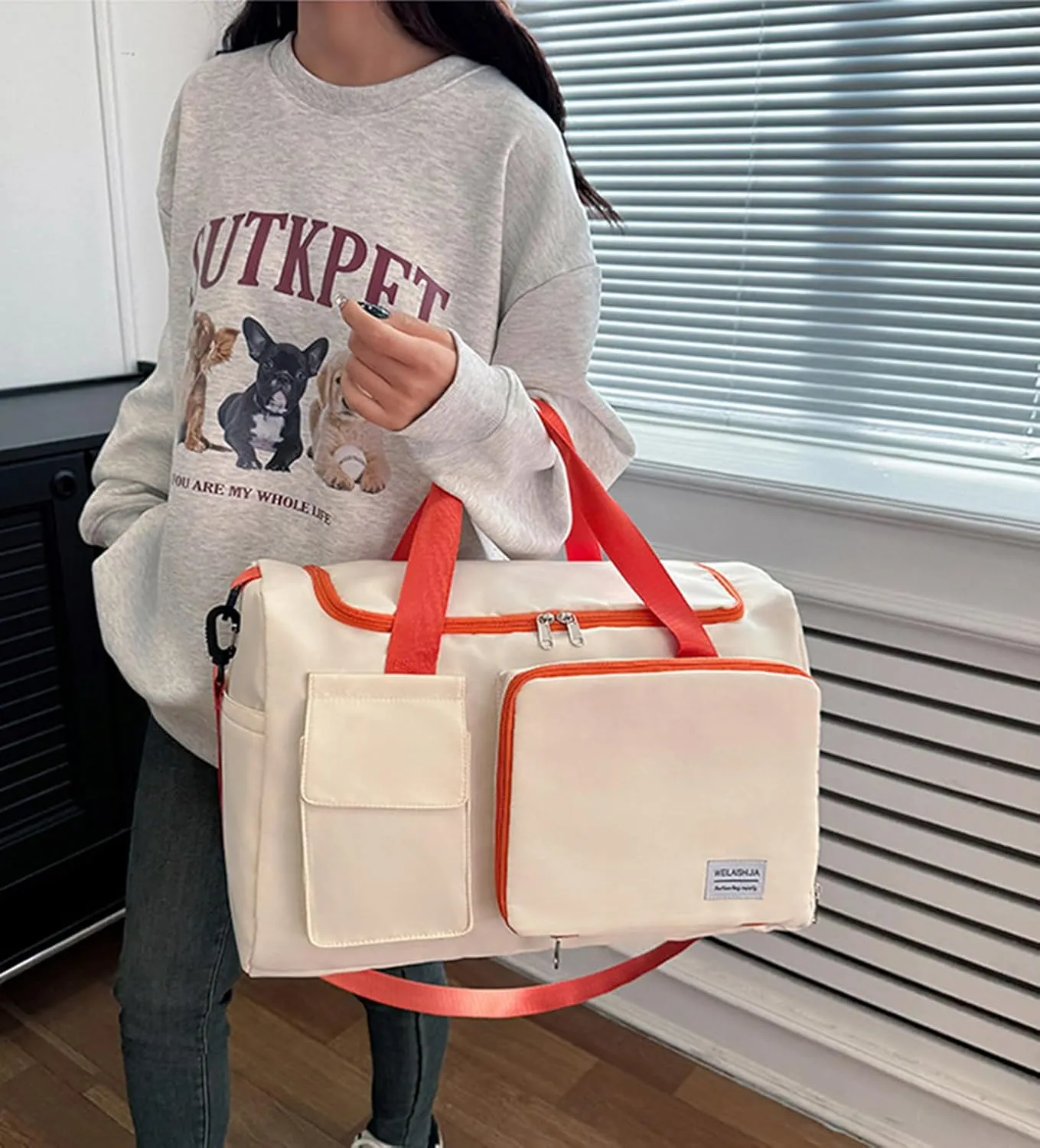Foldable Travel Carry On Duffel Bags for Women Weekender Overnight Bag with Shoes Compartment Waterproof Gym Bag (White and orange), CM240524