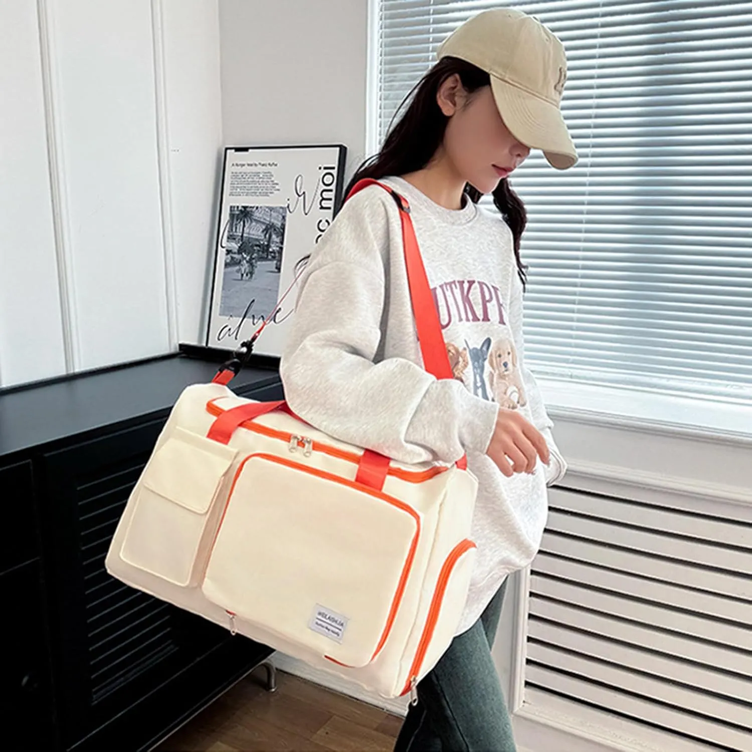 Foldable Travel Carry On Duffel Bags for Women Weekender Overnight Bag with Shoes Compartment Waterproof Gym Bag (White and orange), CM240524