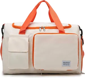 Foldable Travel Carry On Duffel Bags for Women Weekender Overnight Bag with Shoes Compartment Waterproof Gym Bag (White and orange), CM240524