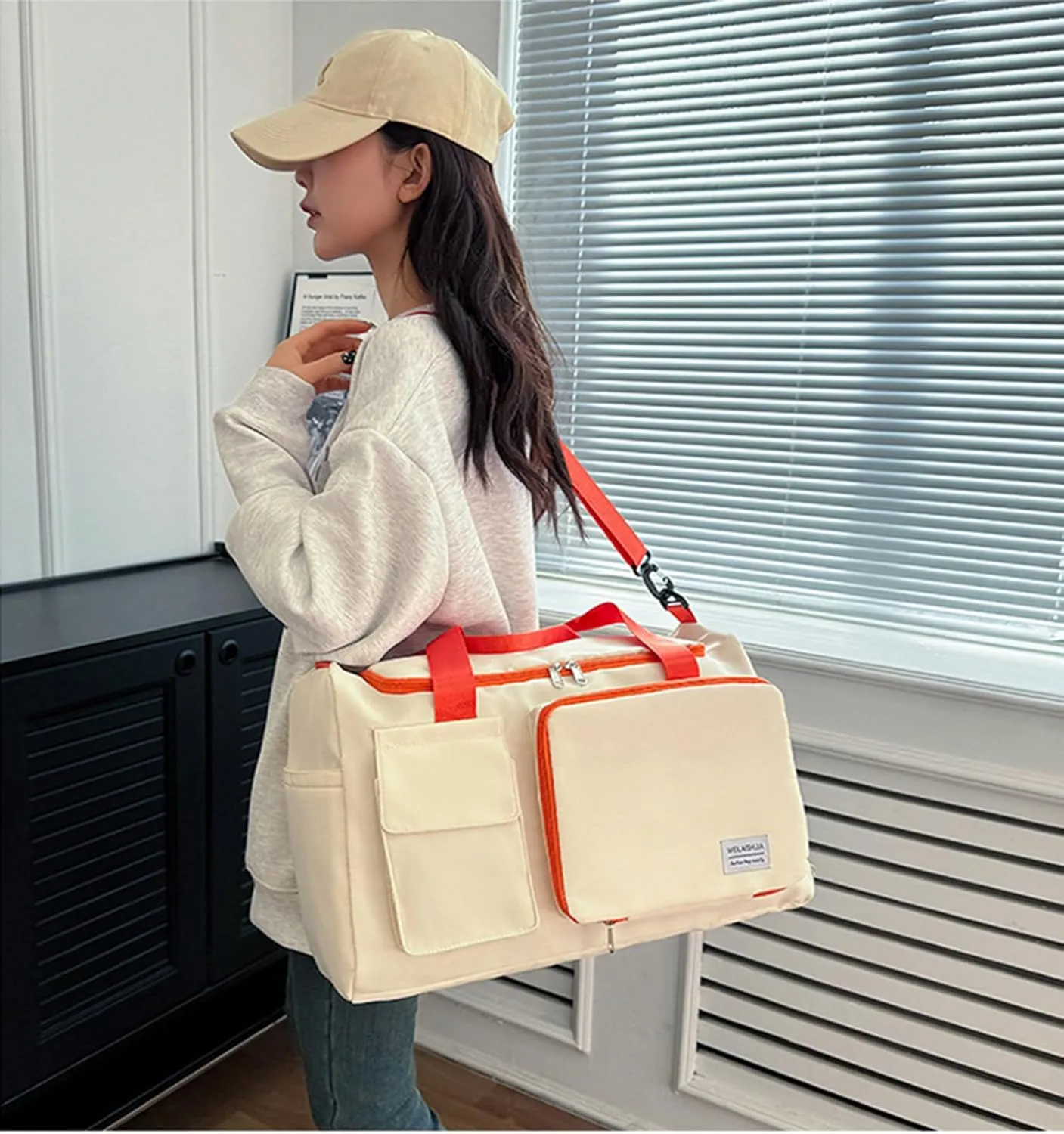 Foldable Travel Carry On Duffel Bags for Women Weekender Overnight Bag with Shoes Compartment Waterproof Gym Bag (White and orange), CM240524