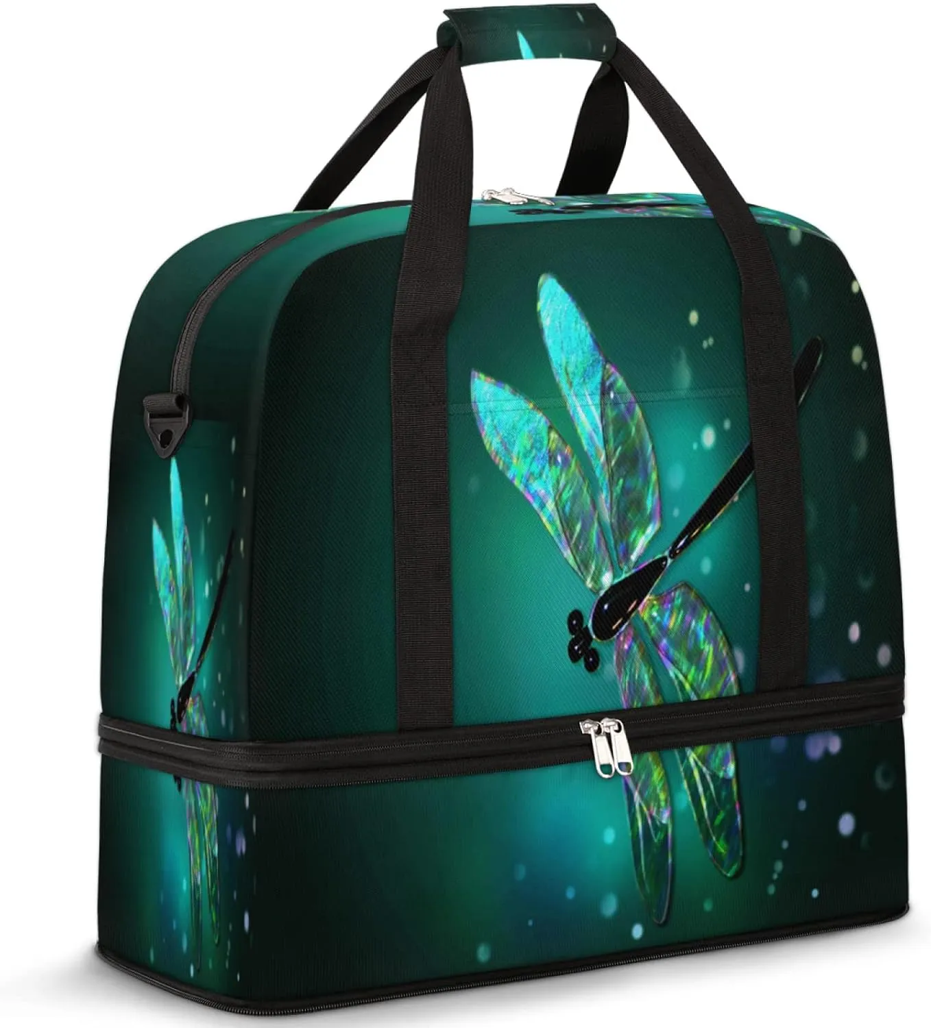 Foldable Travel Duffel Bag Tote, Lightweight Luggage Sports Gym Bag with Shoes Compartment Weekender Overnight Bag for Women & Men, Dragonfly, One Size