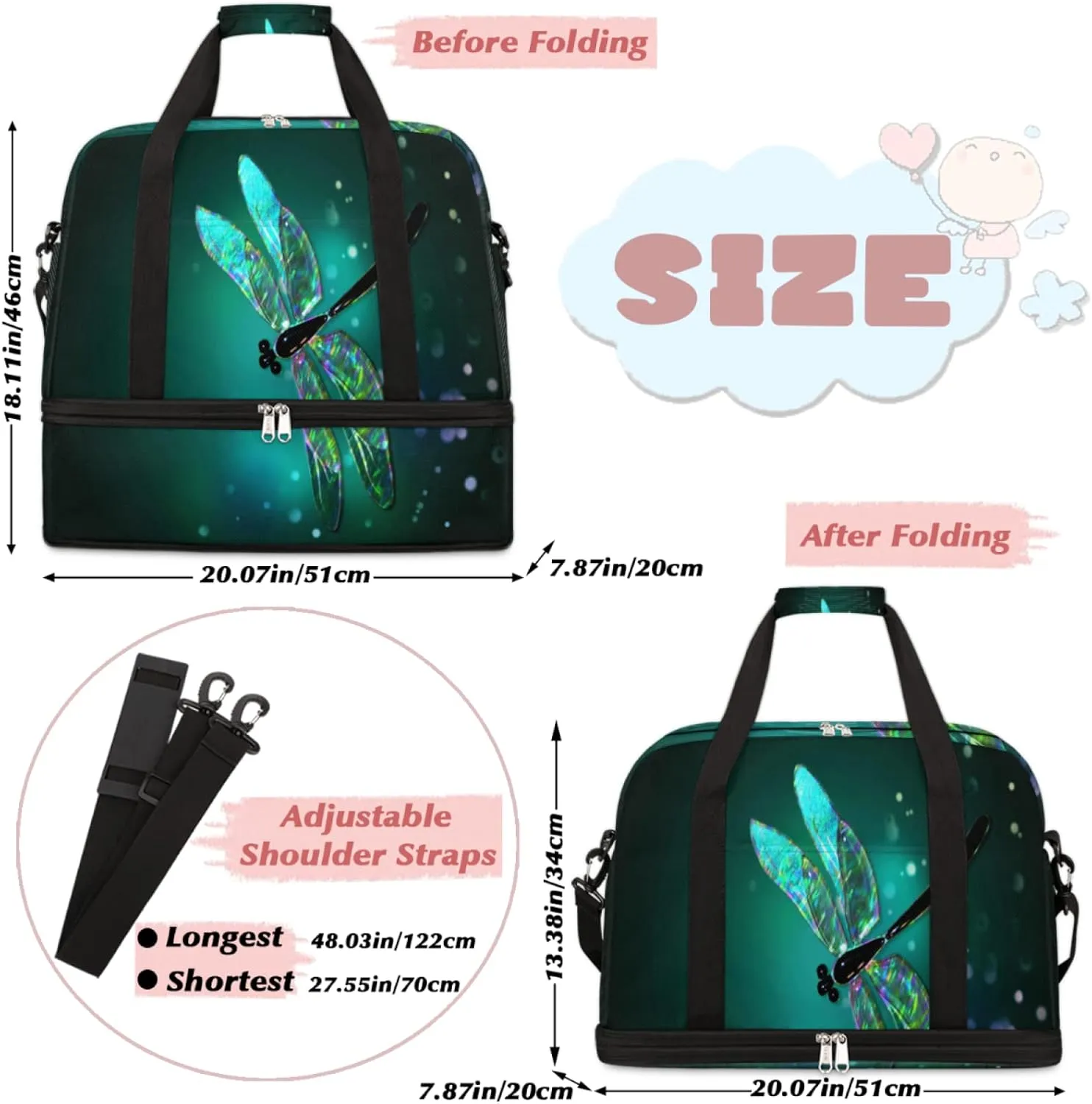 Foldable Travel Duffel Bag Tote, Lightweight Luggage Sports Gym Bag with Shoes Compartment Weekender Overnight Bag for Women & Men, Dragonfly, One Size