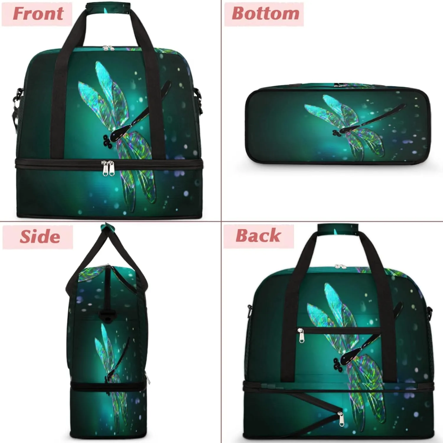 Foldable Travel Duffel Bag Tote, Lightweight Luggage Sports Gym Bag with Shoes Compartment Weekender Overnight Bag for Women & Men, Dragonfly, One Size