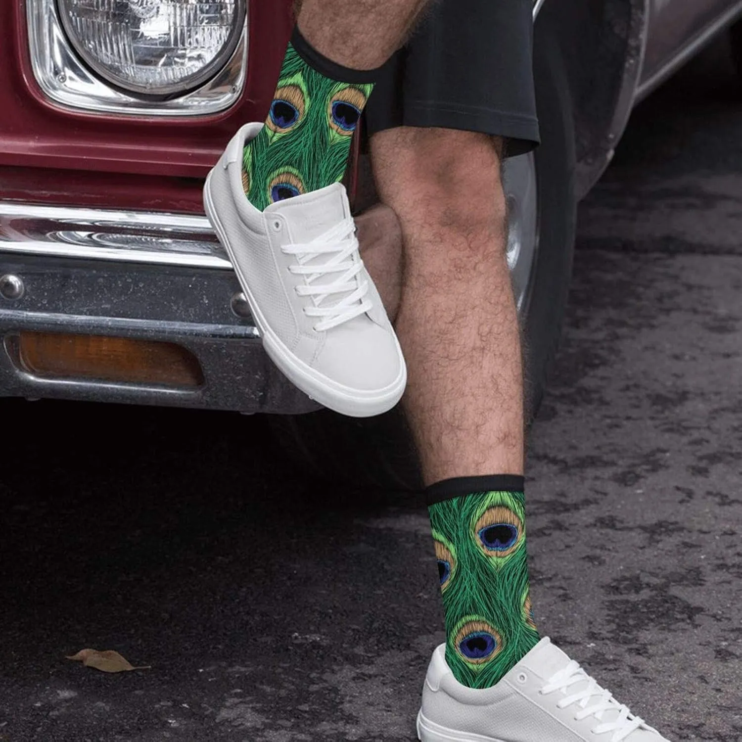 FREEHOTU Tropical Pink Flamingo Leaves Black Stripe Fun Colorful Novelty Graphic Crew Tube Socks For Men Women