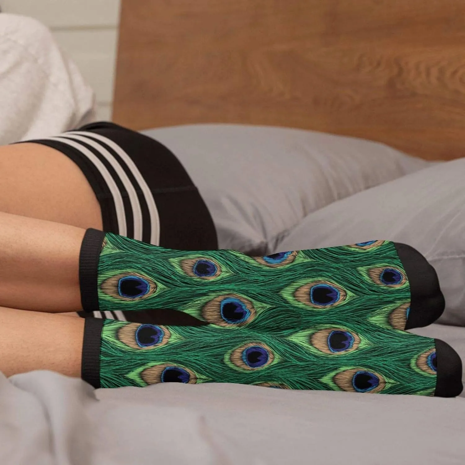 FREEHOTU Tropical Pink Flamingo Leaves Black Stripe Fun Colorful Novelty Graphic Crew Tube Socks For Men Women